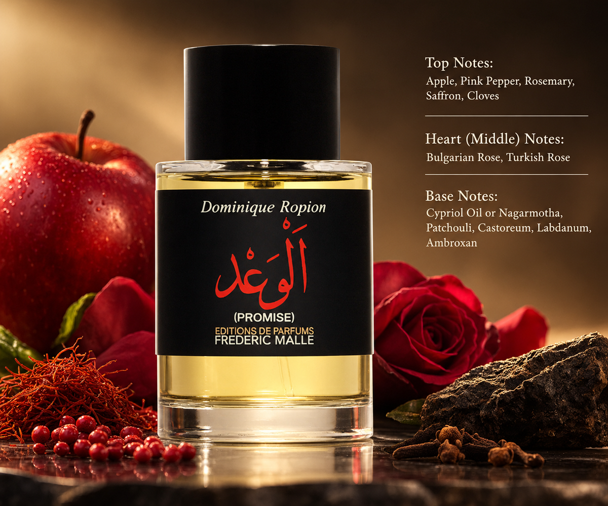 Frédéric Malle Promise by Dominique Ropion, a luxury unisex perfume in an elegant glass bottle with a black label, surrounded by red apples, roses, saffron and pink pepper. A refined composition highlighting its rich spicy, floral, woody and amber fragrance notes.