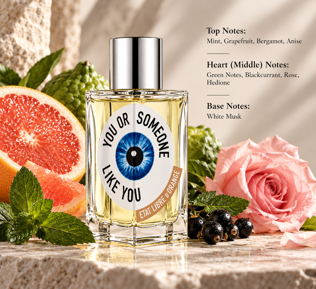 Etat Libre d’Orange You Or Someone Like You Eau de Parfum bottle displayed with fresh mint, grapefruit, bergamot, blackcurrant and rose, highlighting its vibrant citrus, green, aromatic and softly musky fragrance profile.