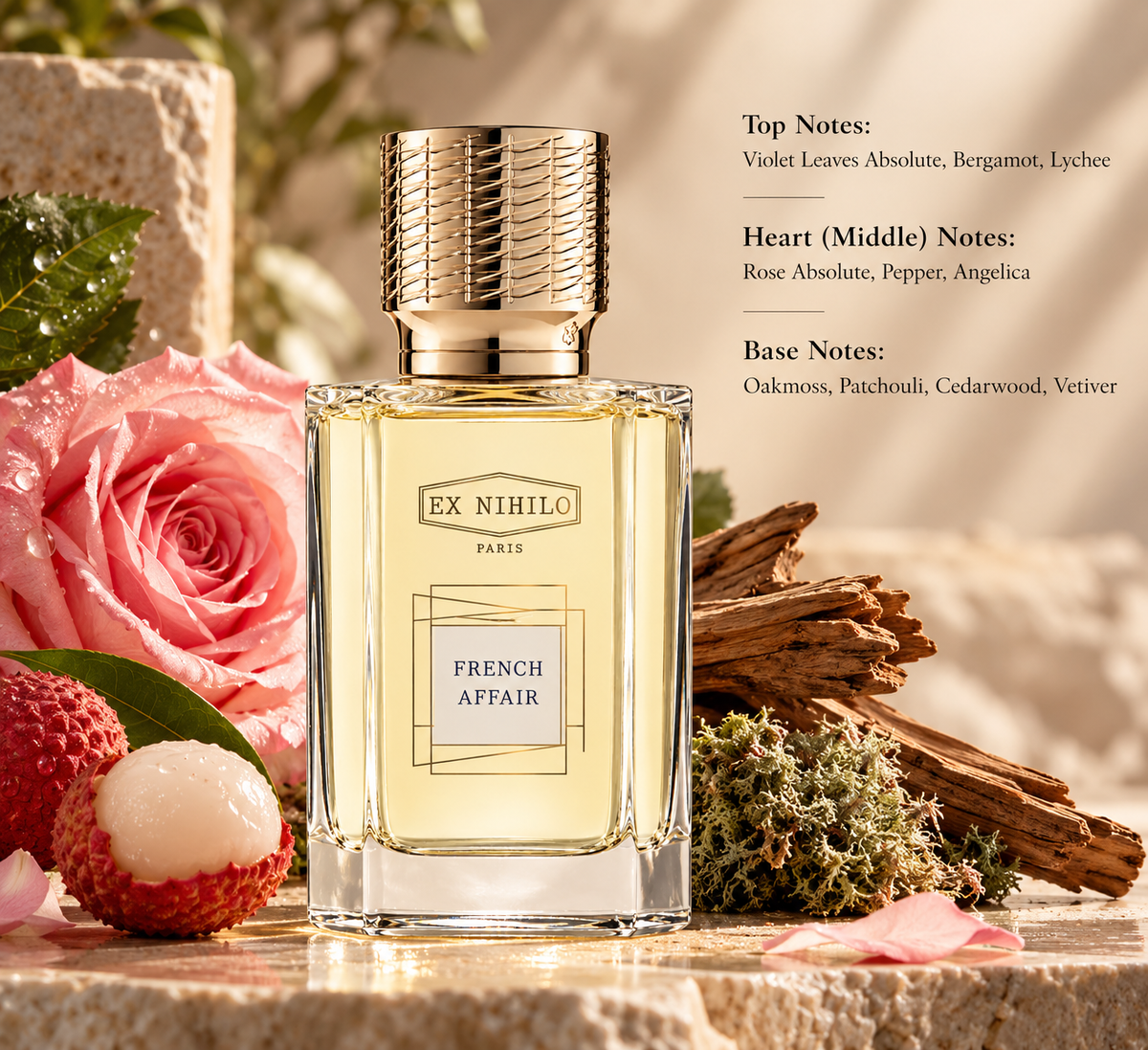 Ex Nihilo French Affair Eau de Parfum bottle displayed with lychee, rose, violet leaves, cedarwood and oakmoss elements, highlighting its elegant fruity, floral, green and sophisticated woody fragrance profile.