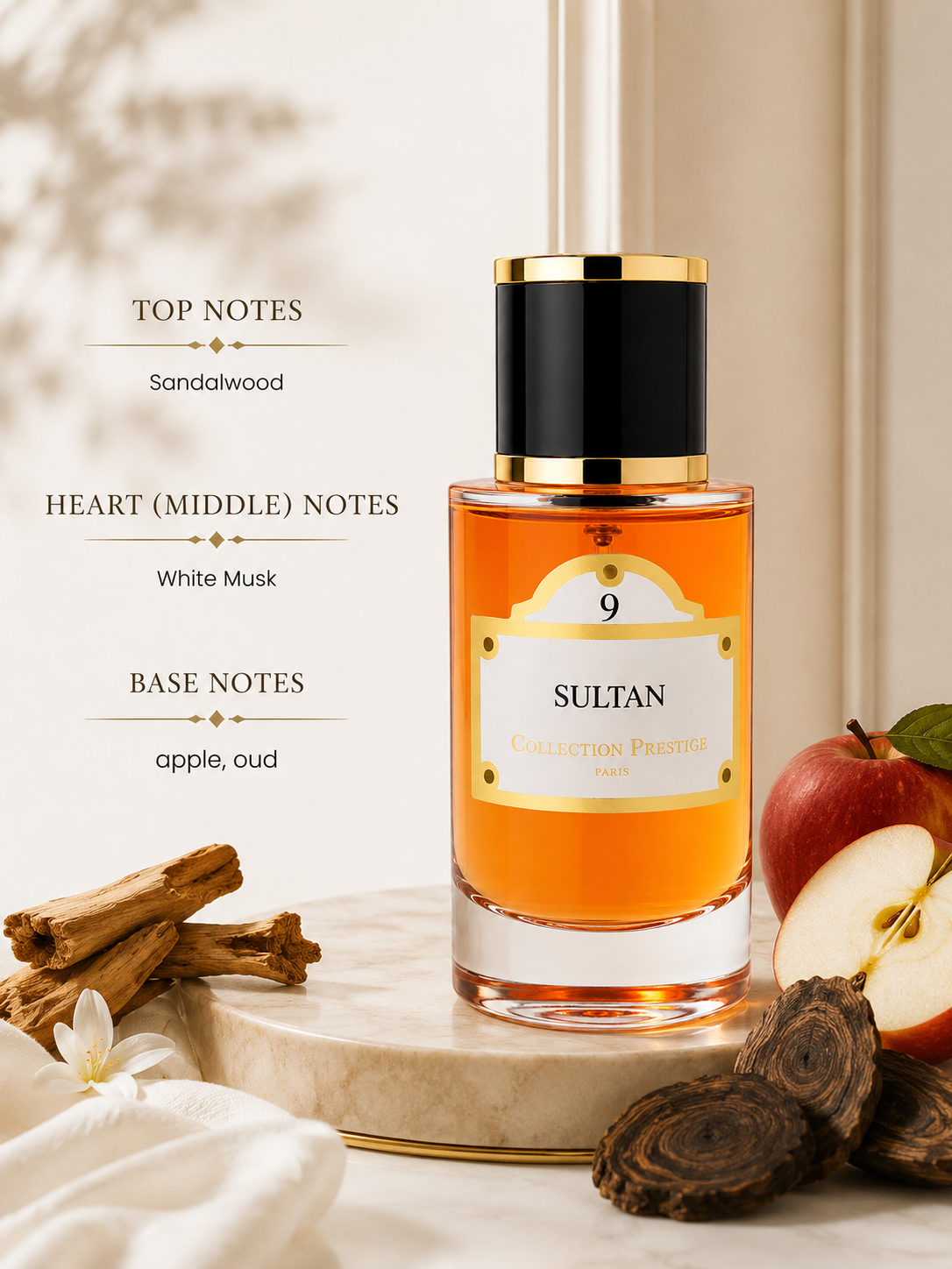 Collection Prestige Sultan No. 9 fragrance with sandalwood, white musk, apple and oud scent notes