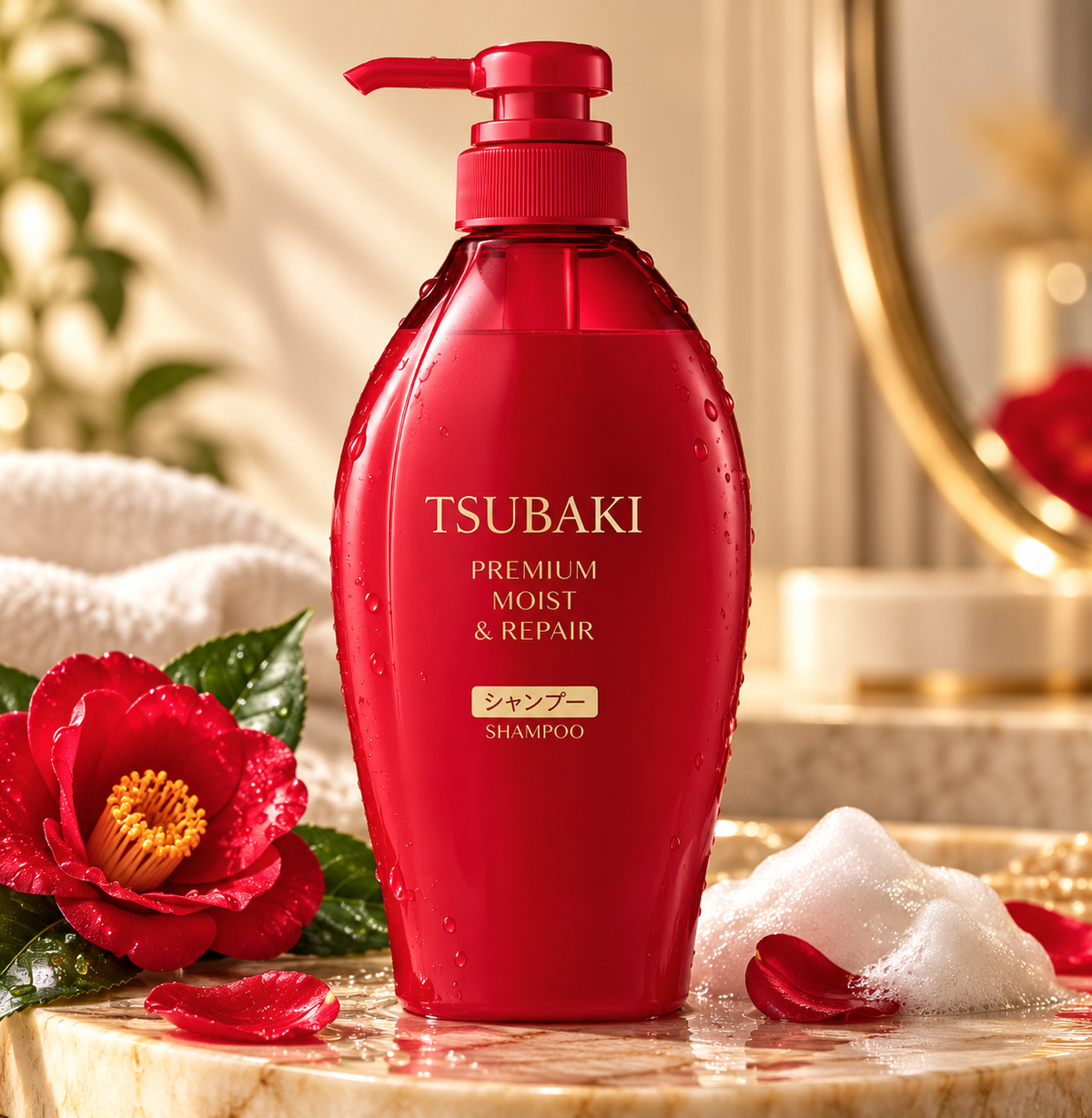 Tsubaki Premium Moist & Repair Shampoo in its signature red pump bottle with elegant gold lettering and water droplets, displayed on a warm marble surface alongside red camellia flowers, green leaves, soft white towels and delicate shampoo foam. Japanese moisturizing and repairing shampoo for dry, damaged hair.