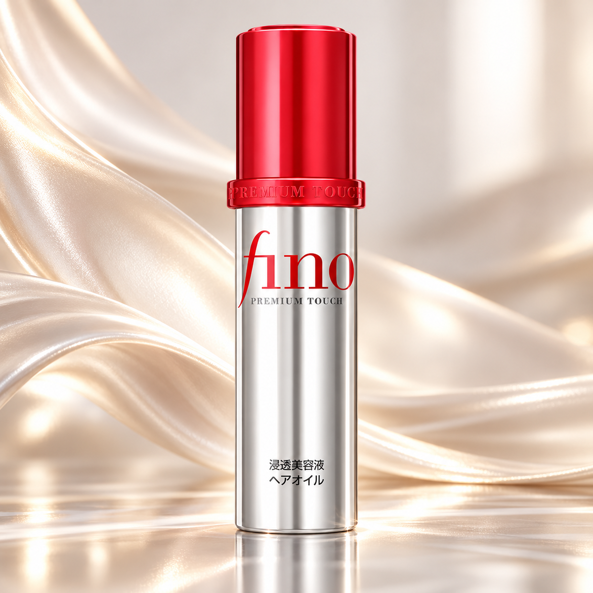 Shiseido Fino Premium Touch Hair Oil in its signature silver bottle with a vibrant metallic red cap, presented against a luxurious champagne satin background. Soft golden lighting, flowing silk textures and delicate reflections create an elegant setting for this Japanese hair oil treatment.