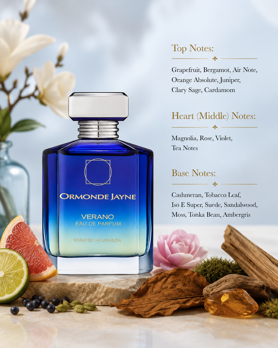 Ormonde Jayne Verano Eau de Parfum showcased in an elegant luxury fragrance composition featuring grapefruit, bergamot, air notes, orange absolute, juniper, clary sage, cardamom, magnolia, rose, violet, tea notes, cashmeran, tobacco leaf, Iso E Super, suede, sandalwood, moss, tonka bean, and ambergris-inspired elements. The sophisticated blue gradient glass bottle is presented in a refined setting that highlights its fresh citrus, airy floral, smoky woody, and warm amber character.
