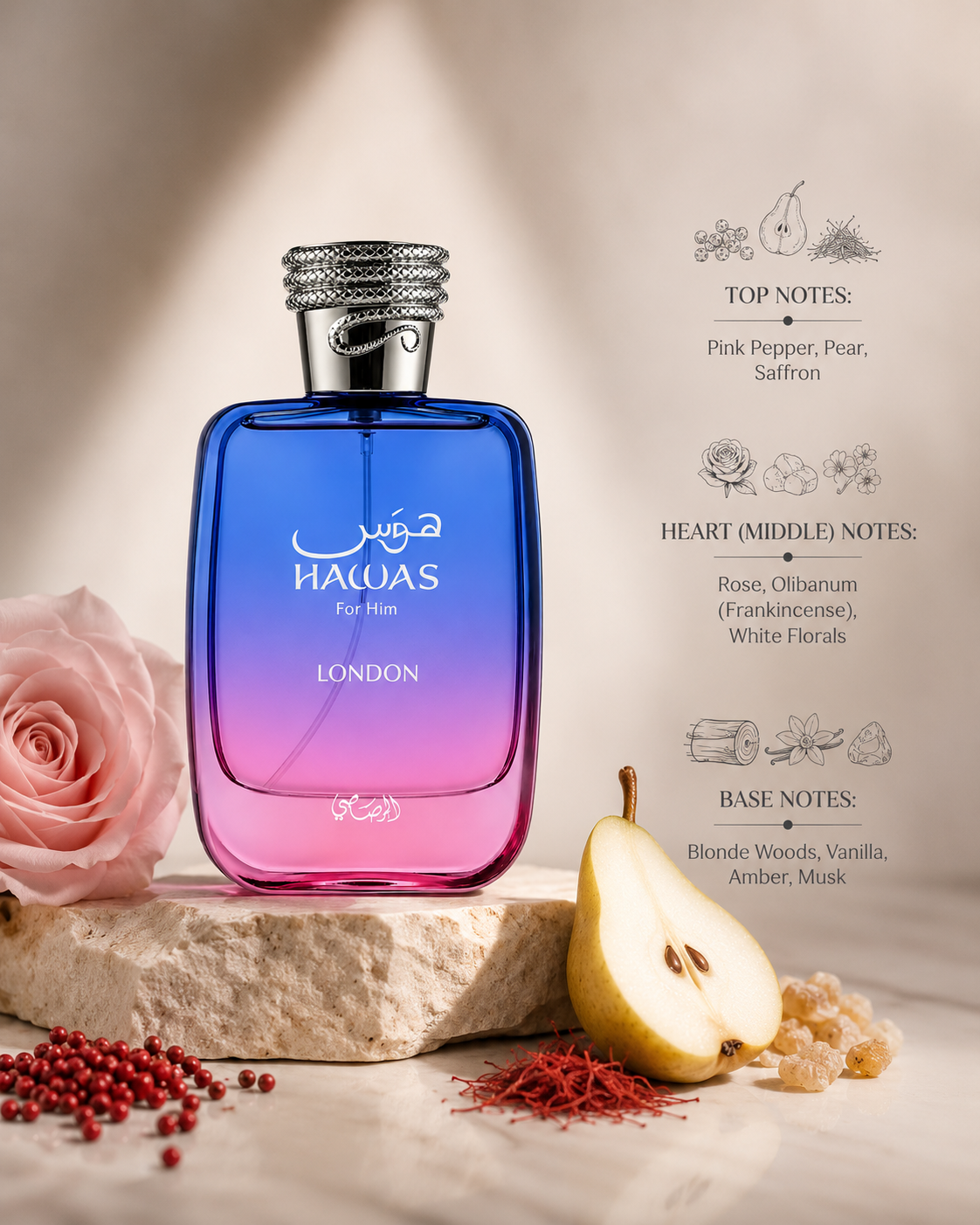 Rasasi Hawas London For Him displayed with pink pepper, pear, saffron, rose, frankincense, white florals, vanilla, amber, musk, and fragrance notes on an elegant luxury background.