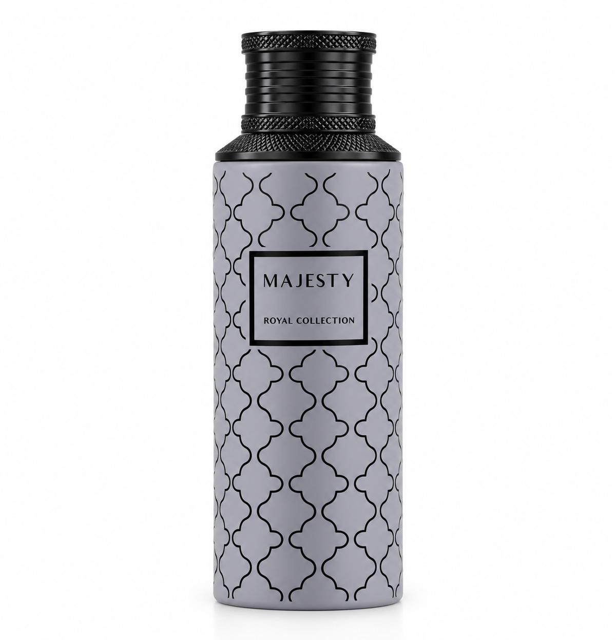 Maison Asrar Majesty Royal Collection 100ml Eau de Parfum featuring an elegant matte grey cylindrical bottle decorated with intricate black geometric patterns, a luxurious textured black cap and a central Majesty label. Premium Arabian perfume photographed against a pure white background.