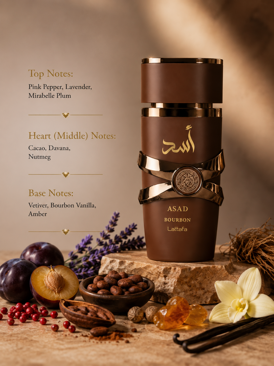 Lattafa Asad Bourbon Eau de Parfum showcased in an elegant luxury fragrance composition featuring pink pepper, lavender, mirabelle plum, cacao, davana, nutmeg, vetiver, bourbon vanilla, and amber-inspired elements. The sophisticated matte brown bottle with bronze accents is presented in a refined setting that highlights its spicy, aromatic, gourmand, and warm woody character.