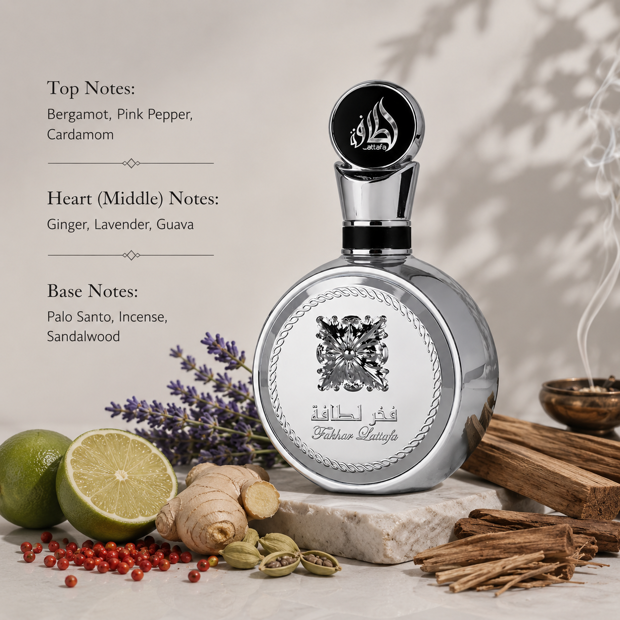 Lattafa Fakhar Platin Eau de Parfum 100ml showcased in an elegant luxury fragrance composition featuring bergamot, pink pepper, cardamom, ginger, lavender, guava, palo santo, incense, and sandalwood-inspired elements. The sophisticated silver metallic bottle is presented in a refined setting that highlights its fresh spicy, aromatic, woody, and modern masculine character.