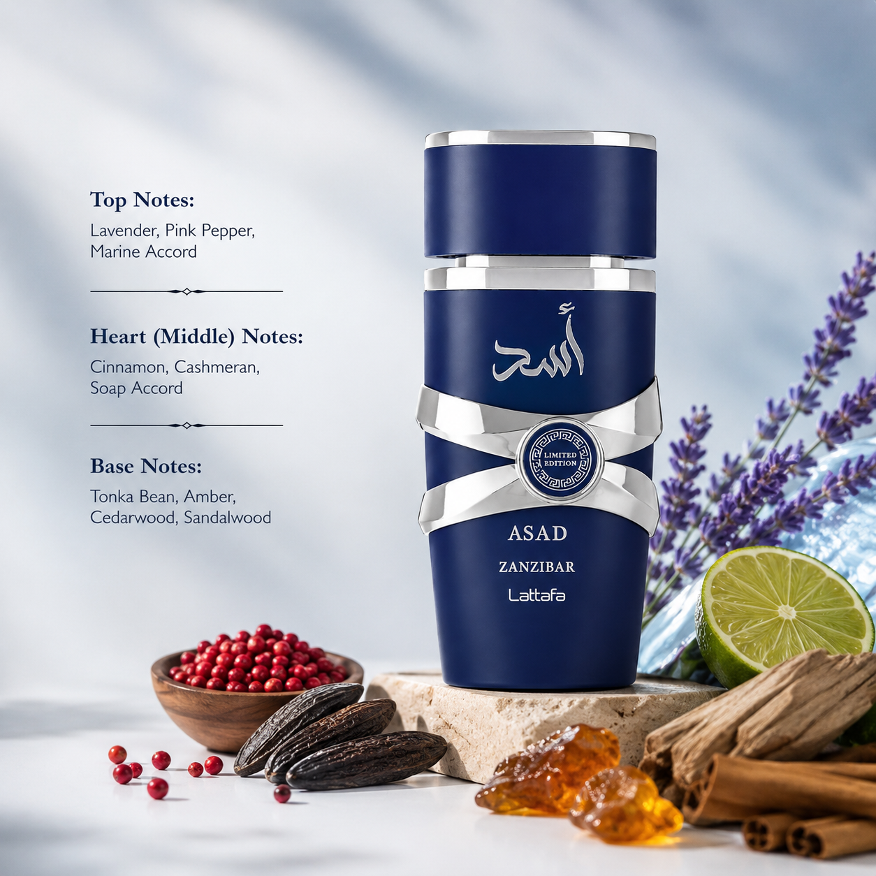 Lattafa Asad Zanzibar Eau de Parfum showcased in an elegant coastal-inspired fragrance composition featuring lavender, pink pepper, marine accords, cinnamon, amber, cedarwood, and sandalwood elements. The deep navy blue bottle with silver accents is presented in a refined luxury setting that highlights its fresh aromatic, woody, and amber character.