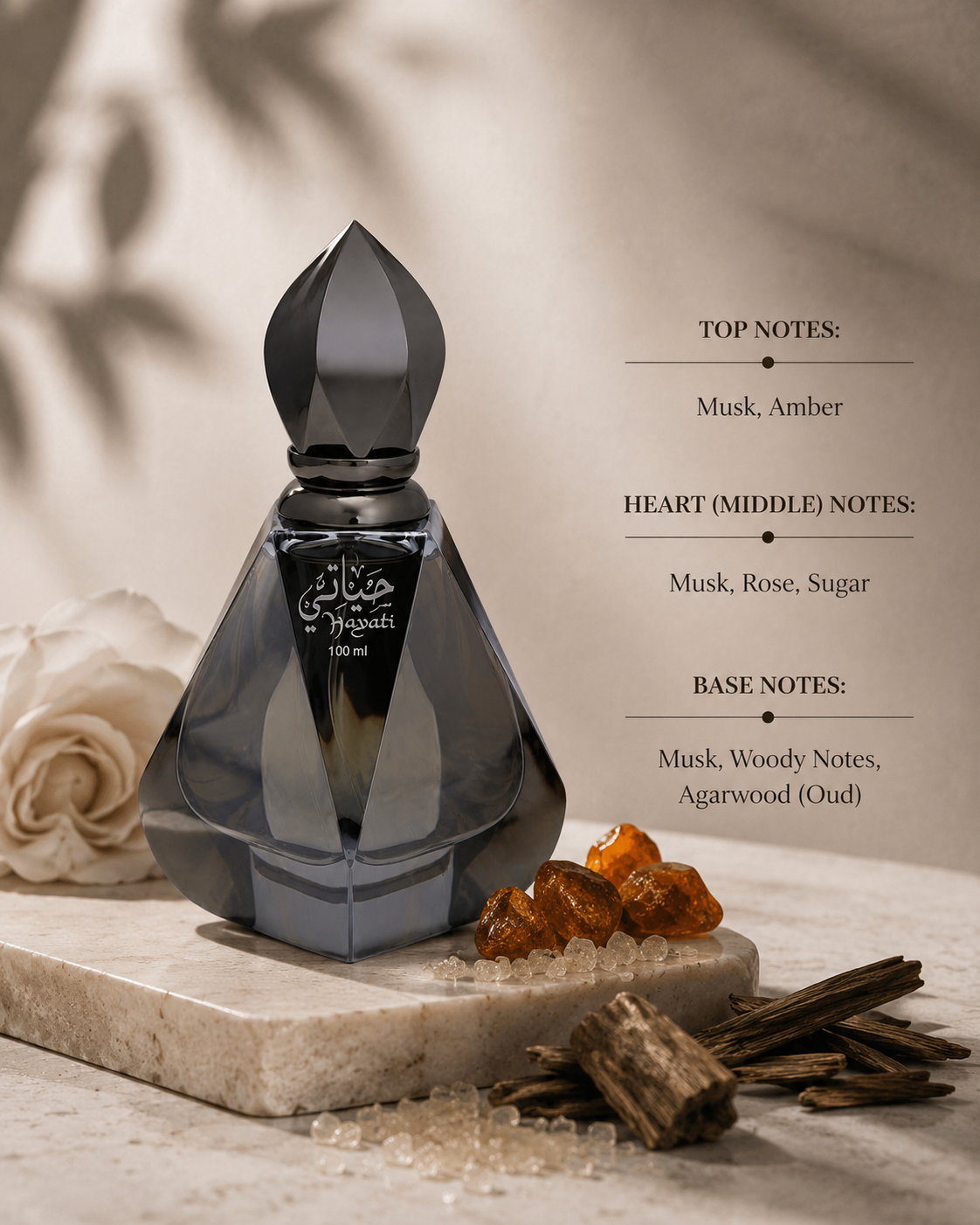 Al Haramain Hayati Eau de Parfum with oud wood, amber resin and rose, highlighting its warm musky fragrance notes.