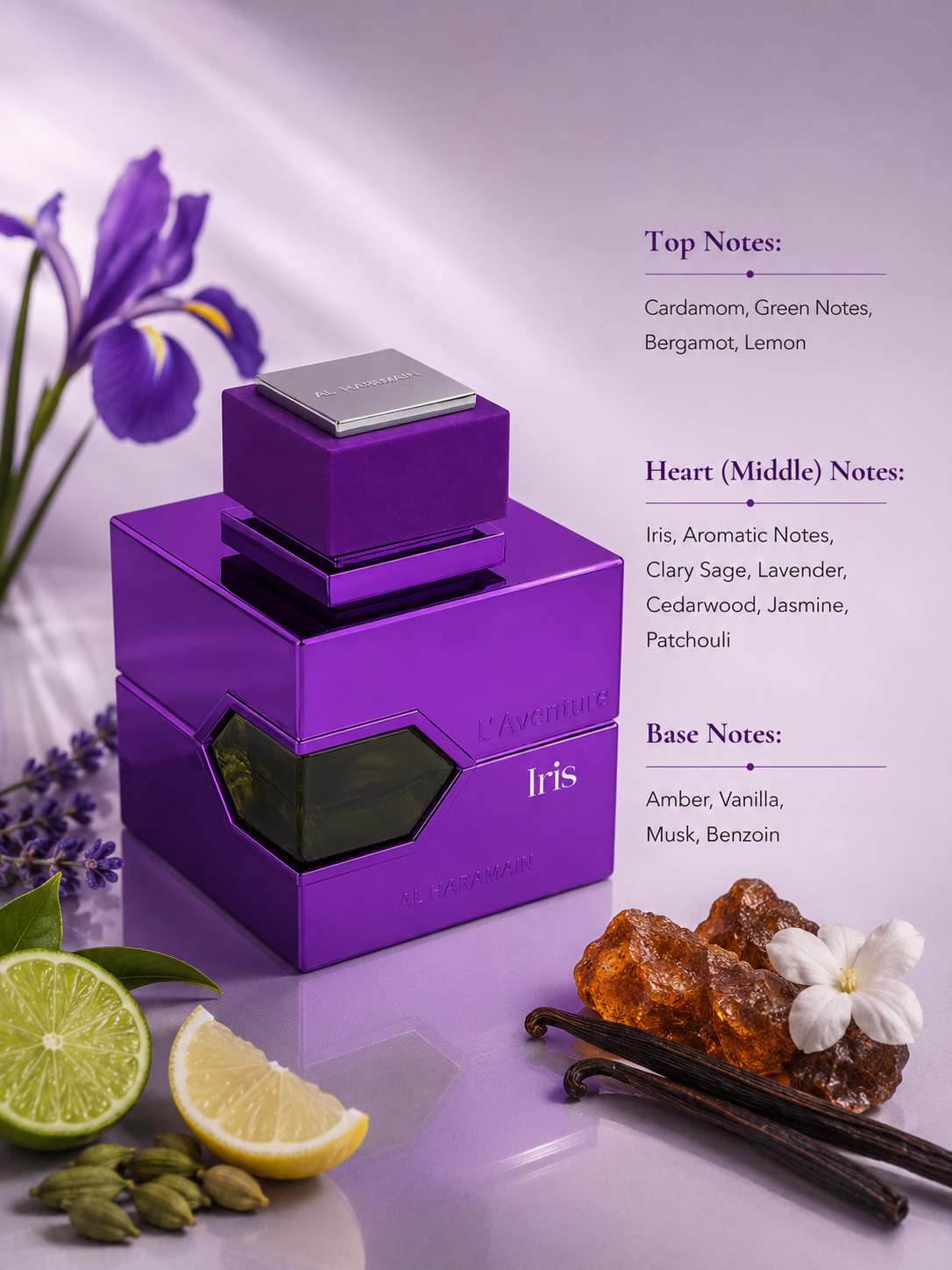 Al Haramain L'Aventure Iris with iris, lavender, cardamom and vanilla, creating a refined floral fragrance.