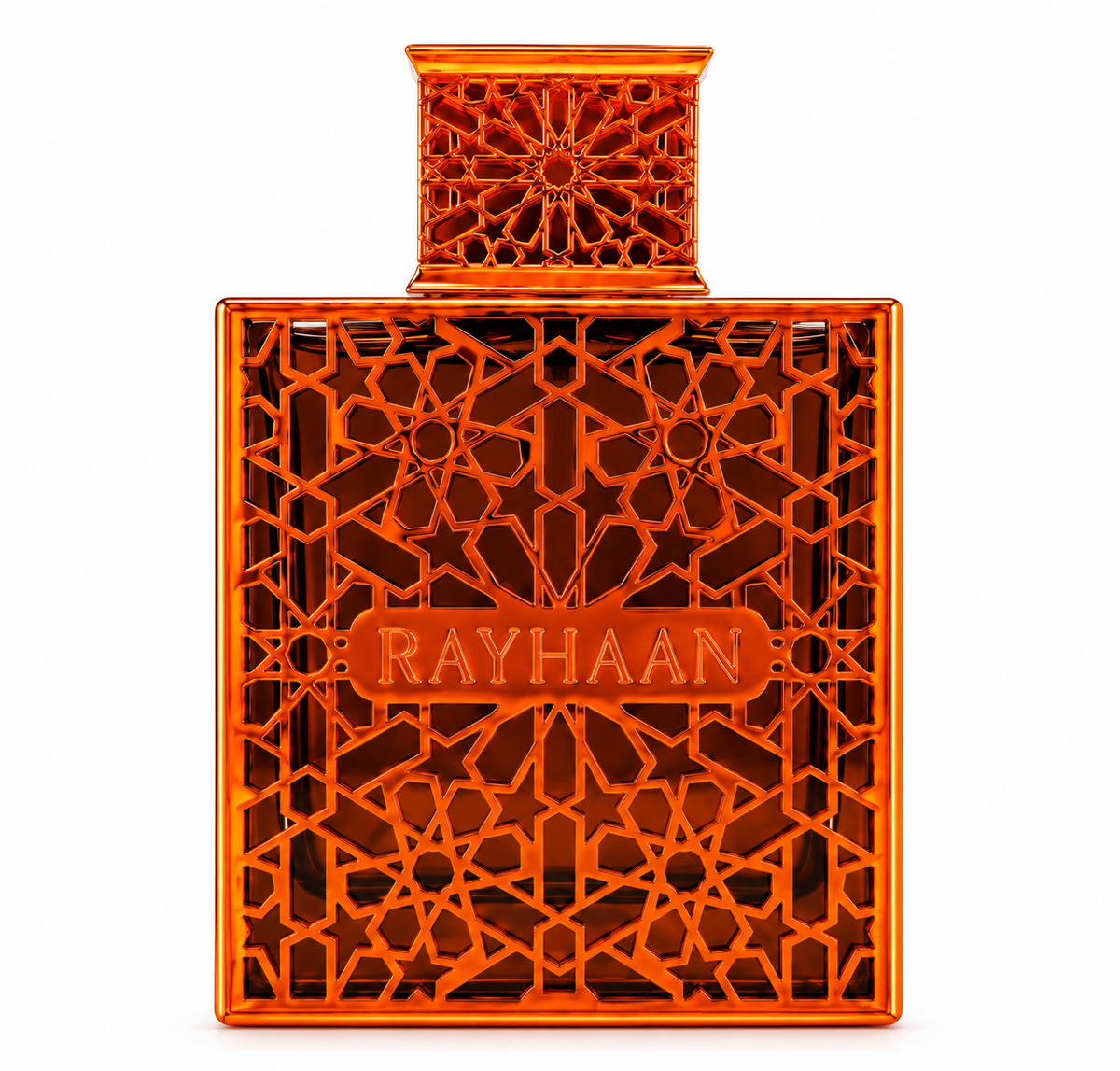 Rayhaan perfume in a striking amber-orange rectangular bottle with intricate geometric Arabic-inspired patterns, matching decorative cap and embossed Rayhaan logo, photographed front-facing against a clean white background.