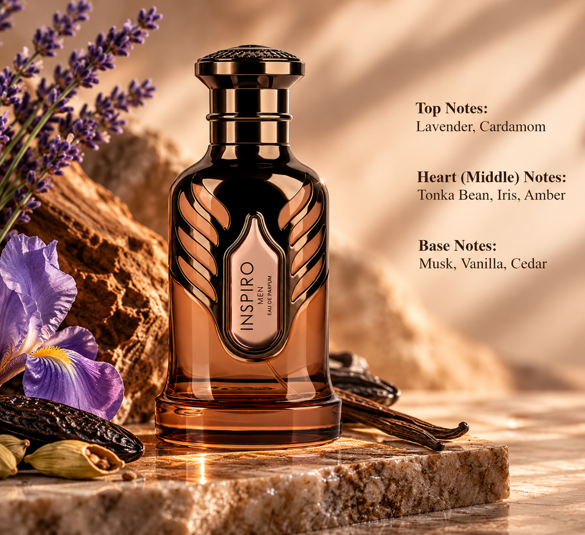 Rayhaan Inspiro Men Eau de Parfum in a luxurious bronze and amber bottle displayed on warm marble, surrounded by lavender, iris flowers, cardamom, tonka beans and vanilla. A sophisticated masculine fragrance featuring lavender, cardamom, amber, iris, musk, vanilla and cedarwood.