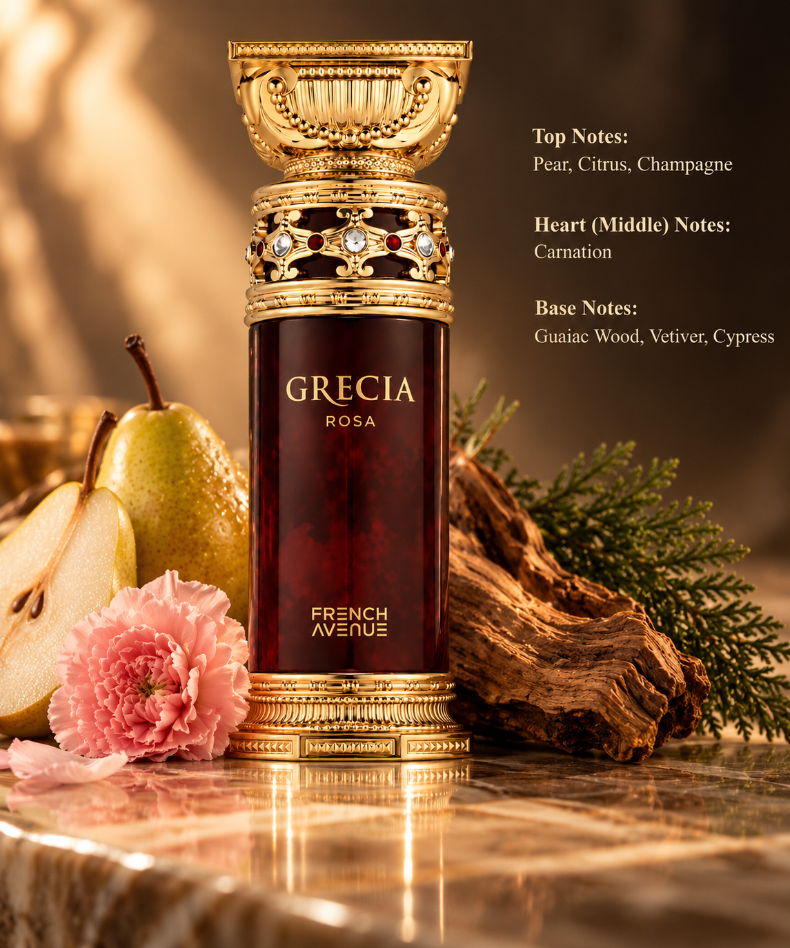 French Avenue Grecia Rosa luxury perfume displayed on polished marble with fresh pear, pink carnation, natural wood and cypress branches. Warm golden lighting highlights the ornate burgundy and gold bottle, inspired by its fruity, floral and woody fragrance notes.
