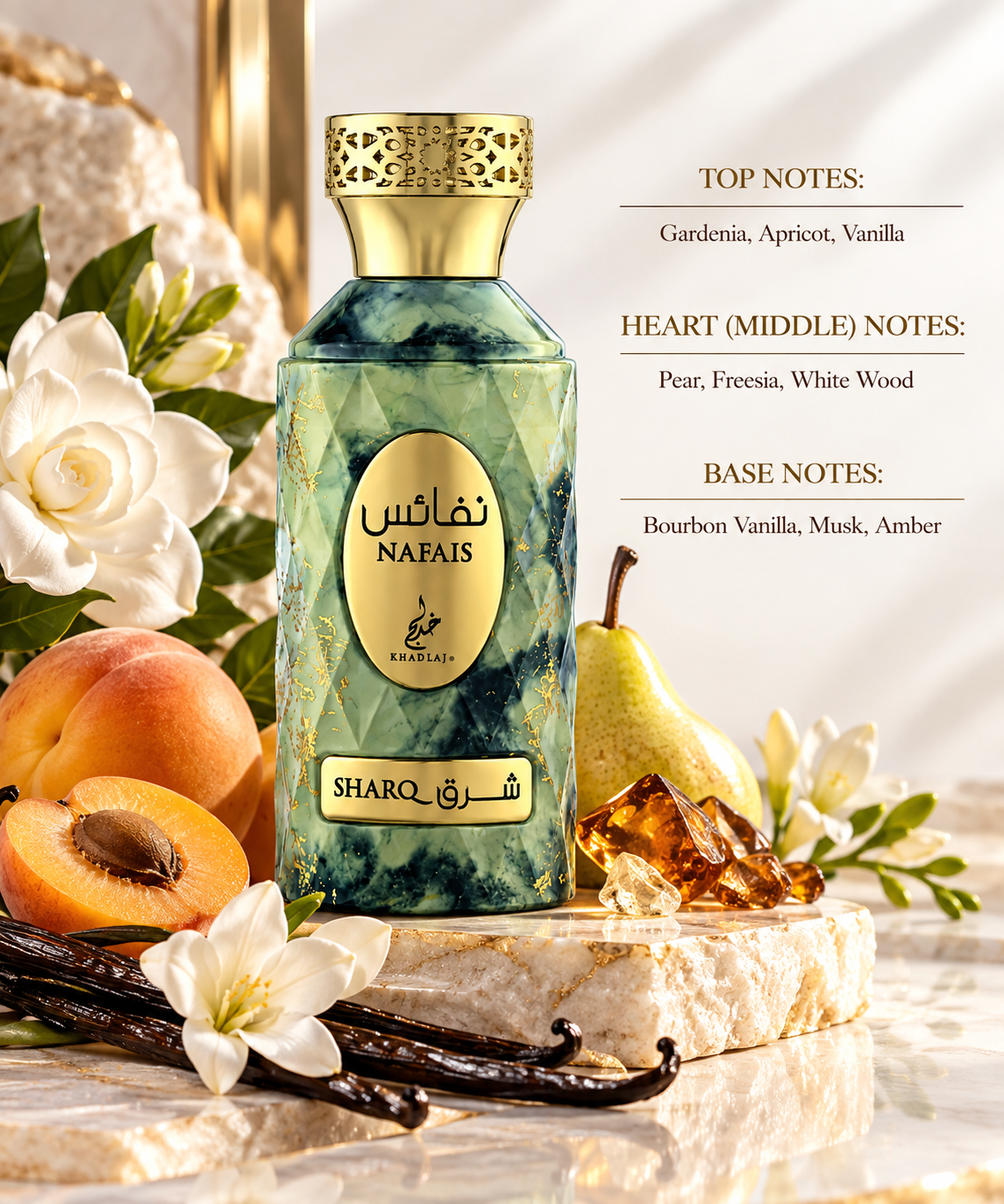 Khadlaj Nafais Sharq styled in a warm, refined setting with creamy gardenia, ripe apricot and pear, delicate white florals, vanilla pods and amber accents, reflecting its rich blend of fruity florals, white woods, Bourbon vanilla, musk and amber.