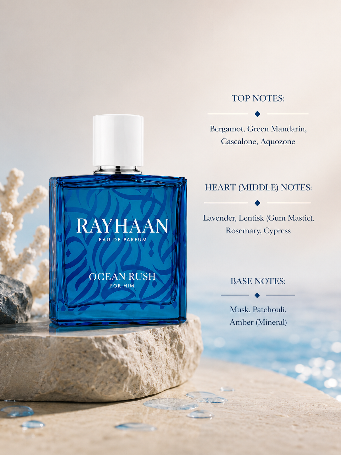Rayhaan Ocean Rush For Him fragrance bottle displayed beside an ocean-inspired backdrop with bergamot, green mandarin, Cascalone, Aquozone, lavender, lentisk, rosemary, cypress, musk, patchouli, mineral amber, and fragrance notes listed on the right.