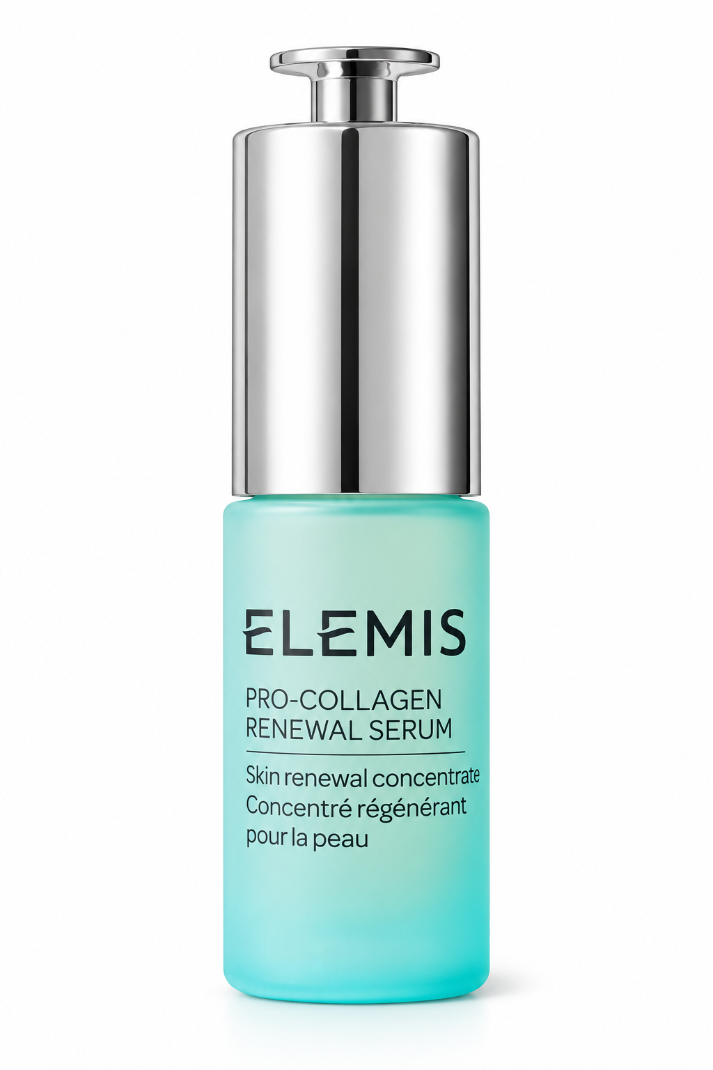 ELEMIS Pro-Collagen Renewal Serum in an elegant turquoise glass bottle with a polished silver pump, photographed against a clean white background. Premium anti-aging facial serum designed to improve the appearance of fine lines, wrinkles and skin texture for a smoother, firmer, more youthful-looking complexion.