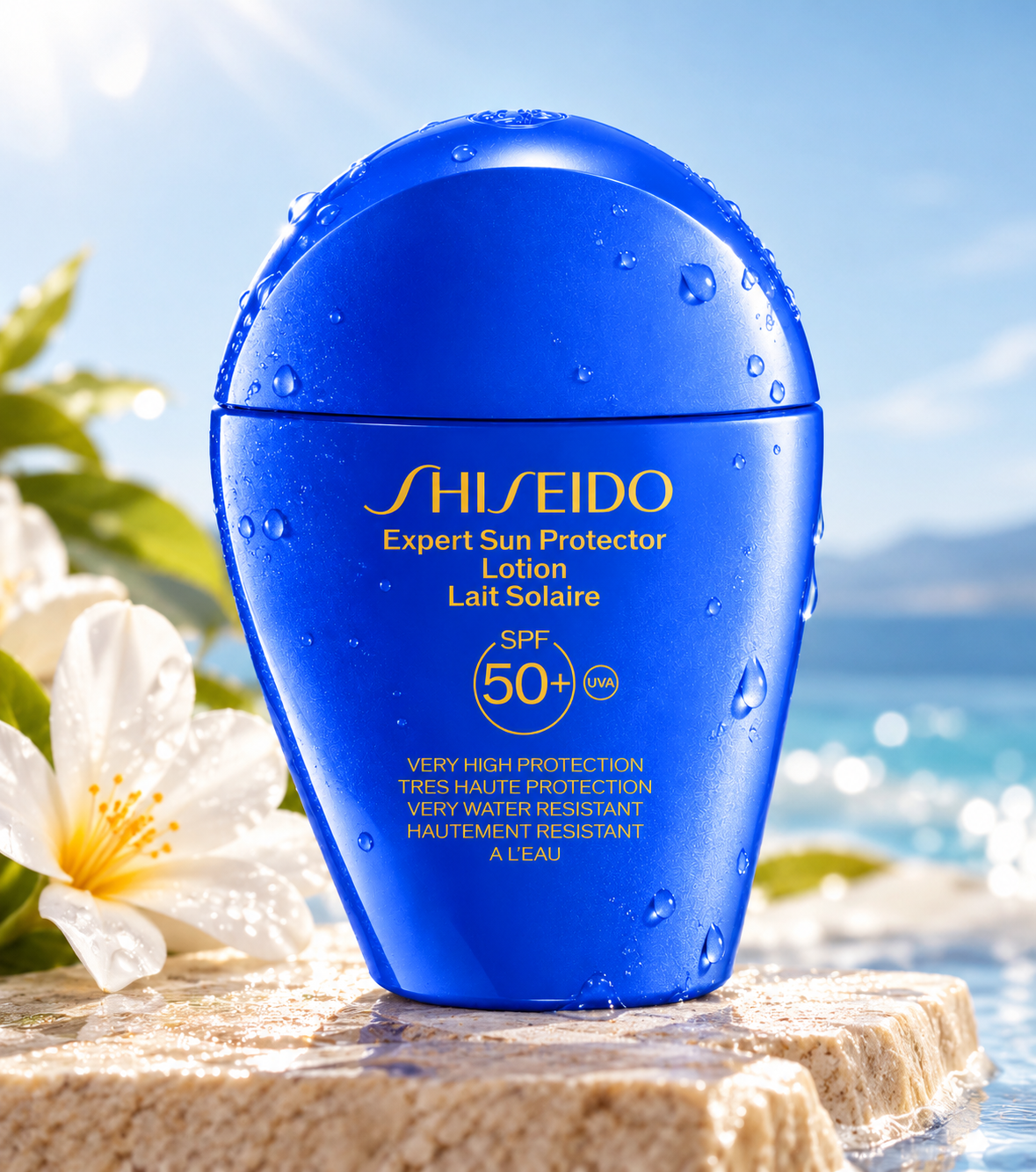 Shiseido Expert Sun Protector Lotion SPF 50+ in an elegant blue bottle with water droplets, displayed on natural stone beside white flowers and a sparkling blue ocean. A very water-resistant sunscreen offering high UVA protection, ideal for sunny days and beach activities.