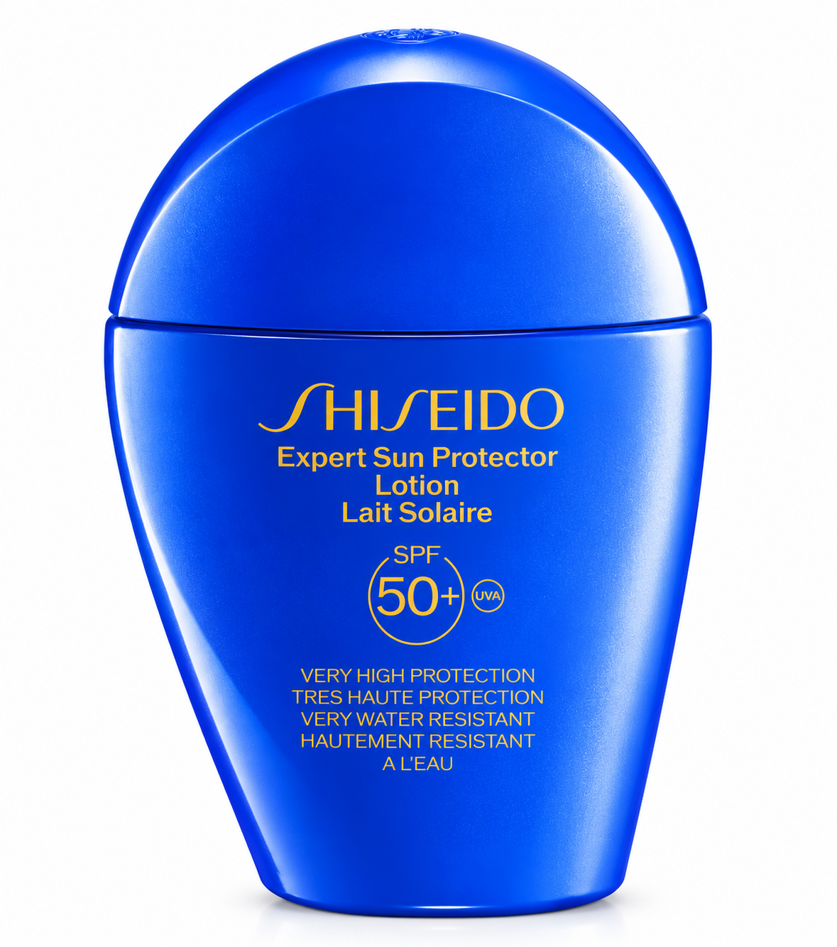 Shiseido Expert Sun Protector Lotion SPF 50+ sunscreen in a vibrant blue bottle with gold lettering, featuring very high UVA protection and a very water-resistant formula, photographed against a clean white background.