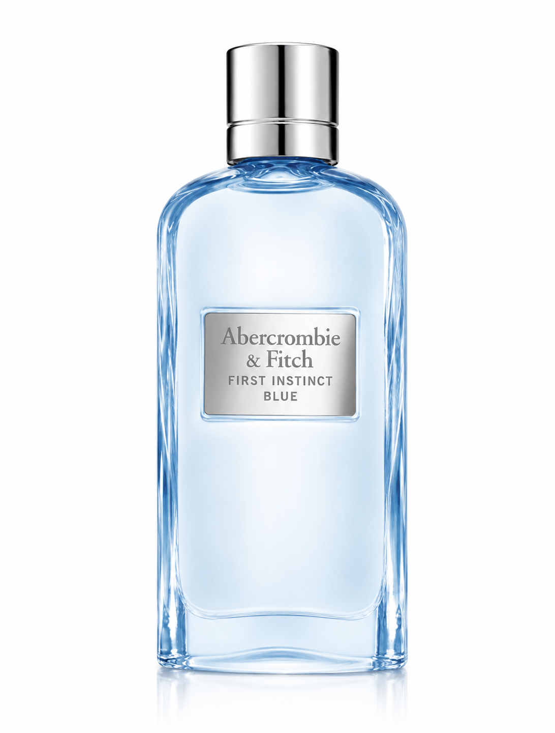 Abercrombie & Fitch First Instinct Blue 100ml EDP for Women in a light blue frosted glass bottle with a silver cap, isolated on a pure white background.