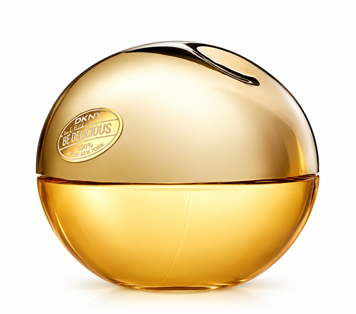 DKNY Golden Delicious women's perfume in an elegant golden apple-shaped bottle with a metallic gold cap and signature Be Delicious label, photographed against a clean white background. A luxurious feminine fragrance with a sophisticated fruity floral character.