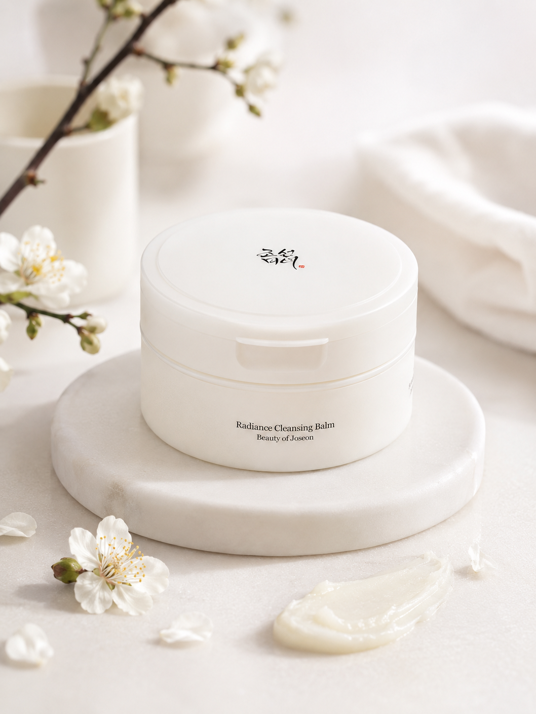 White round Radiance Cleansing Balm by Beauty of Joseon on marble, with floral accents and balm swatch, soft lighting, front view