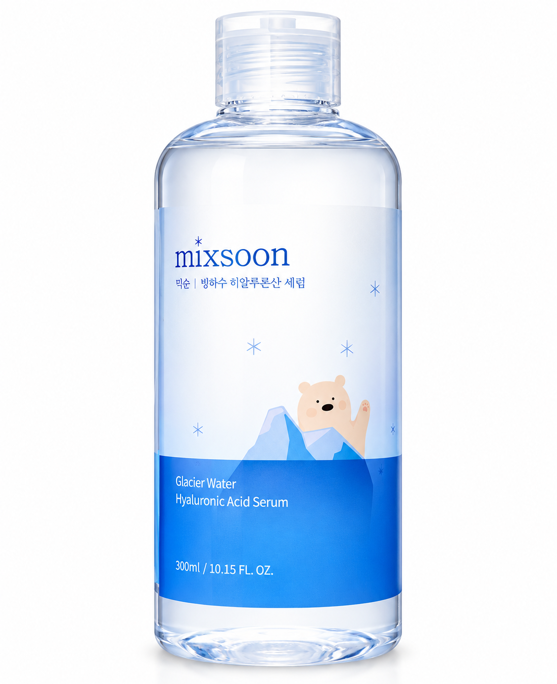 mixsoon Glacier Water Hyaluronic Acid Serum 300ml in a clear bottle with blue and white label, a hydrating Korean skincare serum presented on a clean white background.