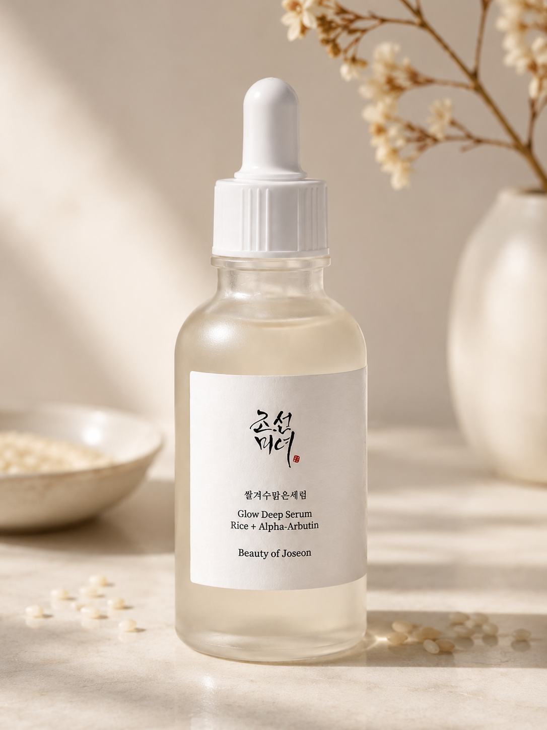 Clear glass dropper bottle of Glow Deep Serum by Beauty of Joseon, with white label and rice grains scattered nearby, soft lighting, front view.
