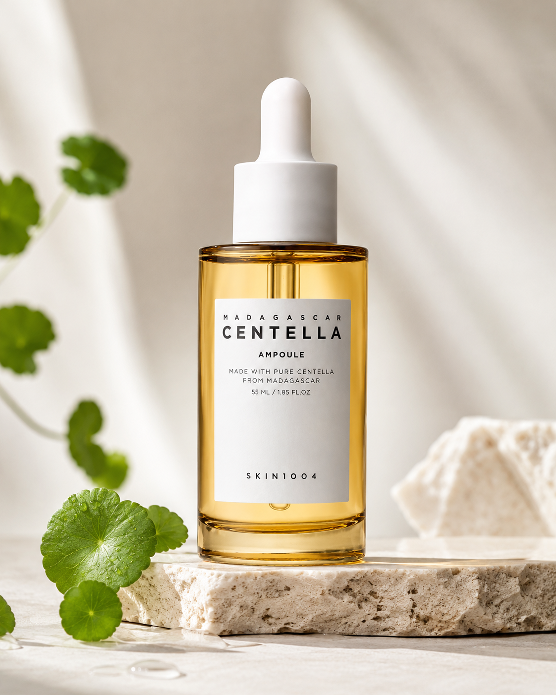 SKIN1004 Madagascar Centella Ampoule 55ml on a light background with green leaves.