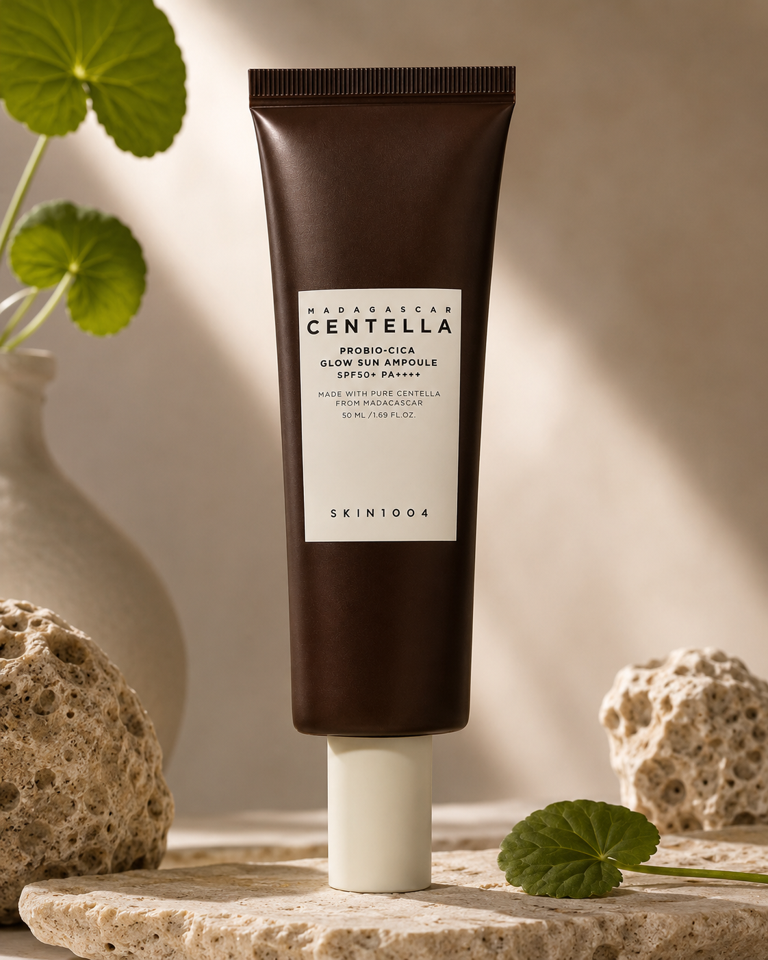 SKIN1004 Madagascar Centella Probio-Cica Glow Sun Ampoule 50ml on a stone surface with plants.
