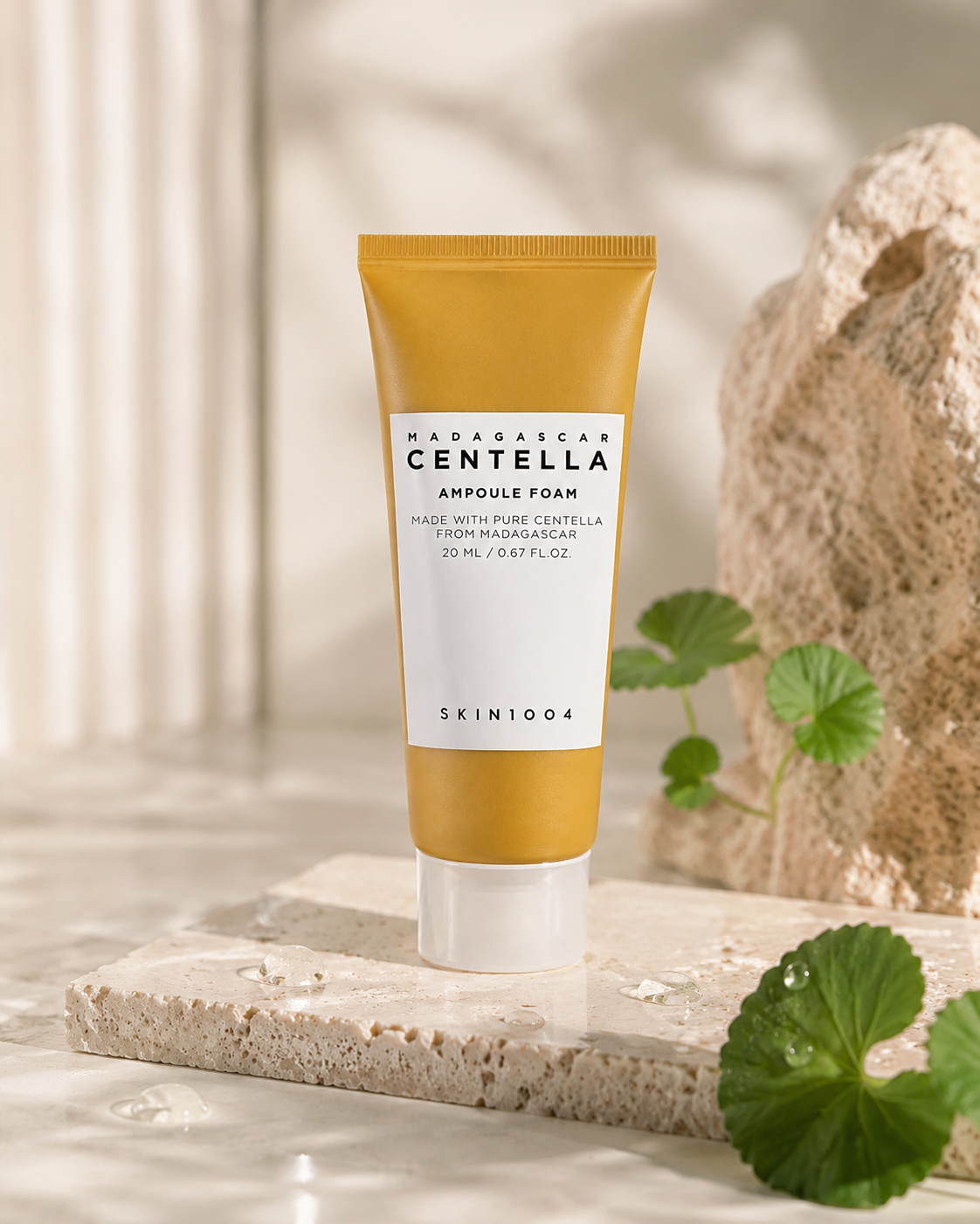 SKIN1004 Madagascar Centella Ampoule Foam 20ml on a neutral background with decorative elements