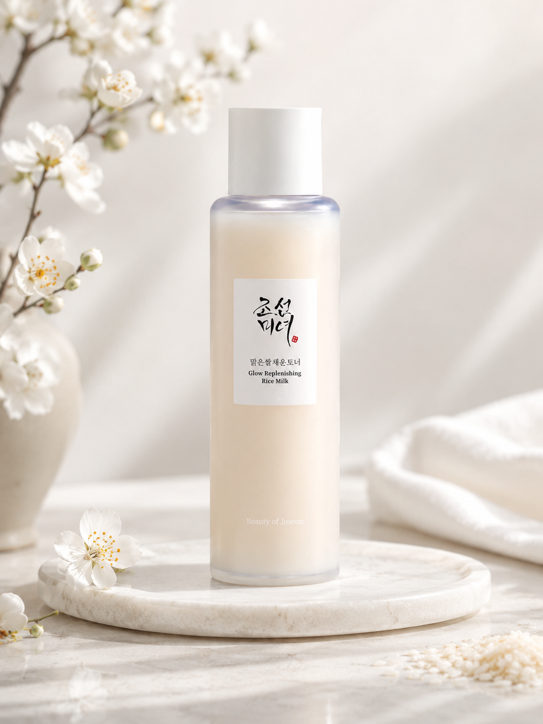 Creamy rice milk toner in clear glass bottle by Beauty of Joseon, with white cap and minimalist label, set on marble tray with white blossoms and scattered rice grains.