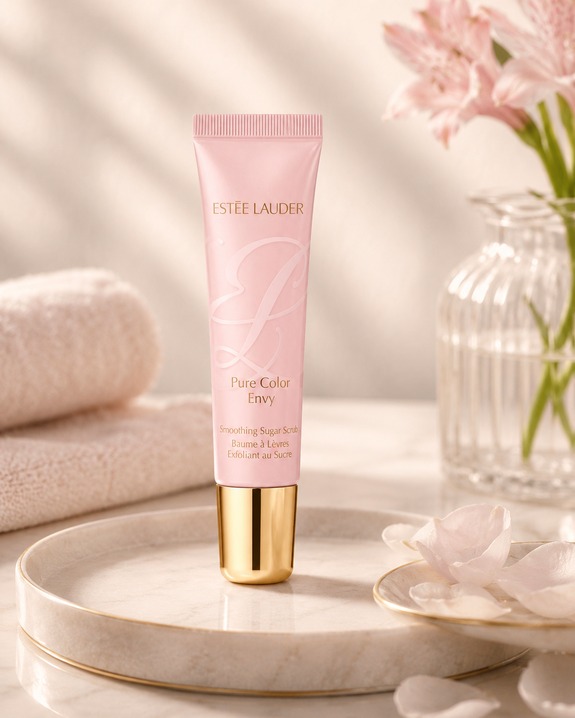 Estée Lauder Pure Color Envy Smoothing Sugar Scrub elegantly displayed on a refined cream marble vanity tray in warm natural morning light. The composition features plush folded white towels, delicate blush-pink flowers arranged in a ribbed glass vase, scattered soft rose petals, and a minimal luxury skincare setting with creamy neutral tones.