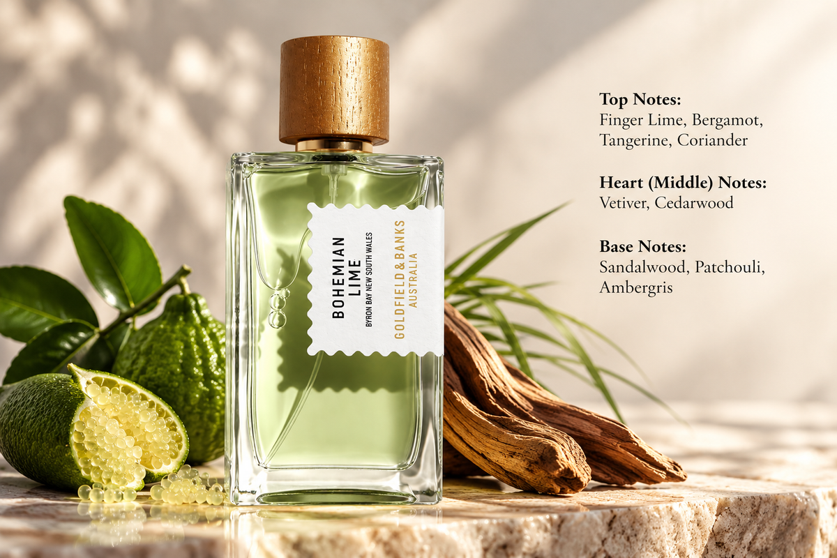 Goldfield & Banks Bohemian Lime Eau de Parfum displayed with fresh finger lime, bergamot, green leaves and natural sandalwood on an elegant stone surface. A refreshing Australian citrus woody fragrance featuring tangerine, coriander, vetiver, cedarwood and patchouli.