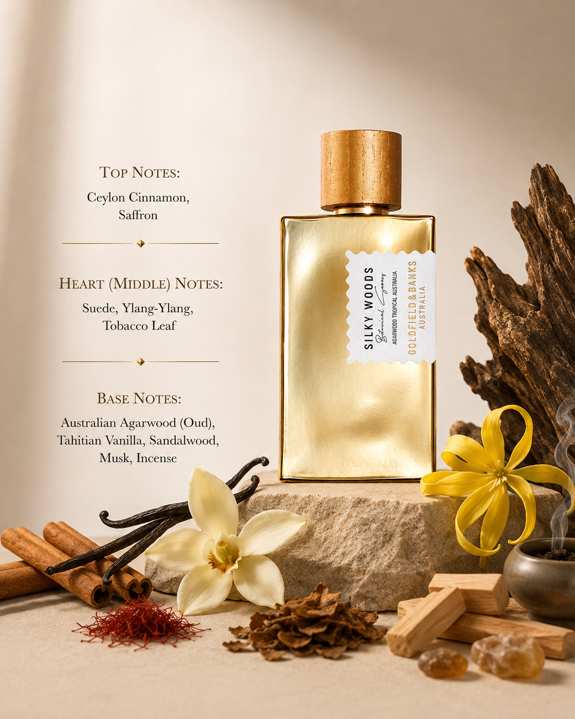 Goldfield & Banks Silky Woods 100ml EDP with fragrance notes and ingredients